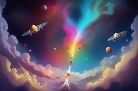 background Deep Space Nebula: Cosmic clouds, shimmering stars, colorful gas formations, alien spacecraft, astronaut explorers., v3rd, flatee, <lora:BACKTOON_0.1_RC:0.6>
