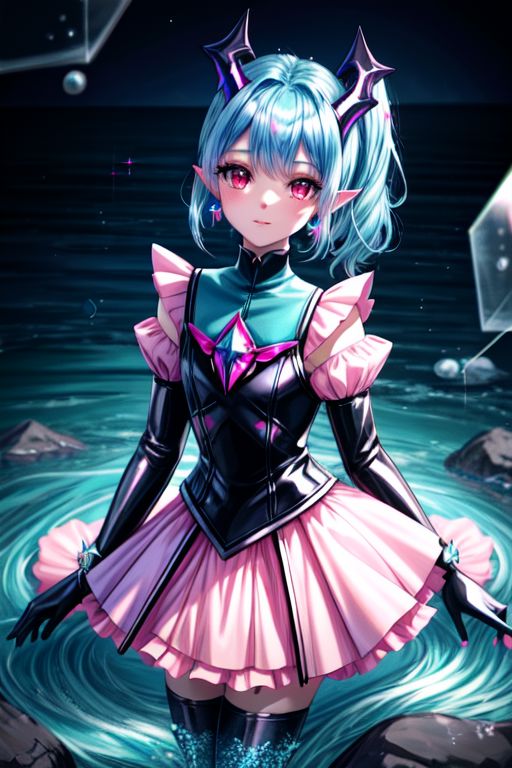 EvlSM, DarkPrecure, Bad_End_Precure, professional image of a cute young woman, (frilly elegant glossy dark holographic dress, crescent brooch, crescent earrings, crescent accessories:1.2),
(blue water dragon horns, blue water dragon tail:1.3), (short hair, side ponytail, hair above cheeks, light blue hair with light pink hairtips, gradient hair, multicolored hair:1.4), red eyes, (small breasts, cute face, innocent, shy, pointy ears:1.1), (sparkles, sparkling clothes, sparkles near eyes:1.3),
(intricate aquatic background, underwater, sparkling water, ocean floor, corral reef, bubbles:1.2), 
(ultra wide angle shot, cinematic style, absurdres, incredibly absurdres, huge filesize, extremely detailed, High quality texture, physically-based rendering, Ray tracing, octane render, sharp focus, (8k), (4k), (Masterpiece), (Best Quality), extremely detailed, intricate, hyper detailed, illustration, soft lighting, high resolution, sharp detail,)