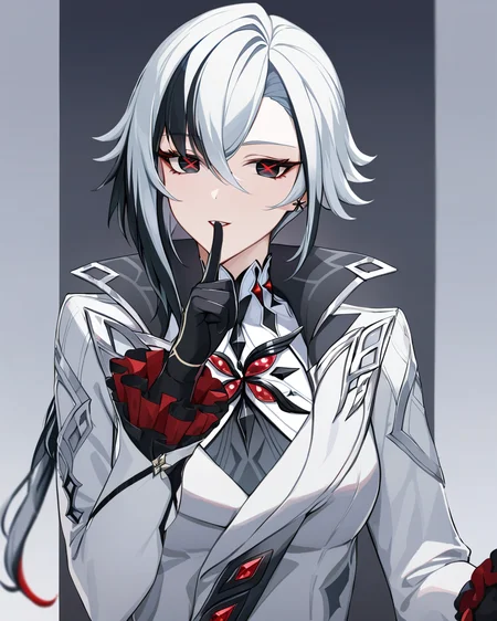 best quality, masterpieceï¼parted_lips, sidelocks, turtleneck, black_gloves, x-shaped_pupils, :d, looking_at_viewer, simple_background, highres, english_commentary, finger_to_mouth, index_finger_raised, solo, grey_background, 1girl, arlecchino_\(genshin_impact\), long_sleeves, absurdres <lora:arlecchino_new:1>