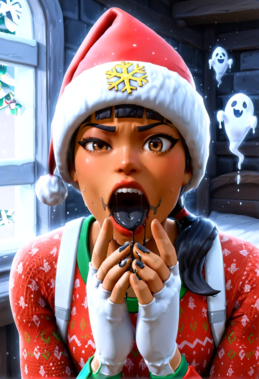IllustriousQual <lora:StS-Illustrious-Detail-Slider-v1.0:2> <lora:cfg_scale_boost:0.3> <lora:Nog_Ops_IL_V1:1> NogOpsIL, santa hat, snowflake, black hair, braid, brown eyes, dark skin, fingerless gloves,detailed_background,indoors,dripping,black liquid,dizzyspells,asymmetrical eyes,eyelashes,liquid from mouth,trap,solo,open mouth,ghost,blunt bangs,sidelocks,upper body,long hair,male focus,looking at viewer,1boy,demi \(dizzyspells\),feminine