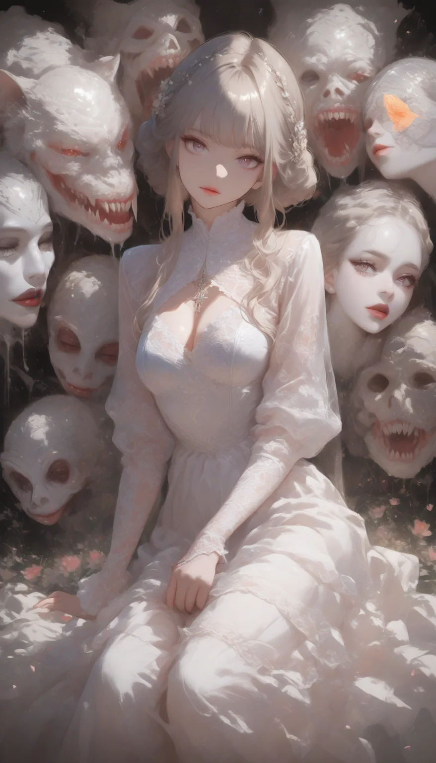 Horror-themed masterpiece,high score,great score,absurdres, <lora:Alice Prin_Complete:1>,Alice Prin (style, hair, dress, alice, prin), ., Naerys had the Targaryen looks, a fine and delicate beauty, almost unworldy. She was slender and small, with big deep violet in hue eyes and fine, pale, porcelain skin, near translucent. Naerys Targaryen. . Eerie, unsettling, dark, spooky, suspenseful, grim, highly detailed