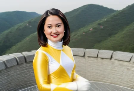 female yellow power ranger Grachie, side-parting voluminous straight shoulder-length brunette bob hair, alone, helmetless, uniform, white turtleneck collar, white gloves belt, smiling, mouth closed, mouth shut, stood on Great-Wall-of-China, selfie, hyperdetailed photography