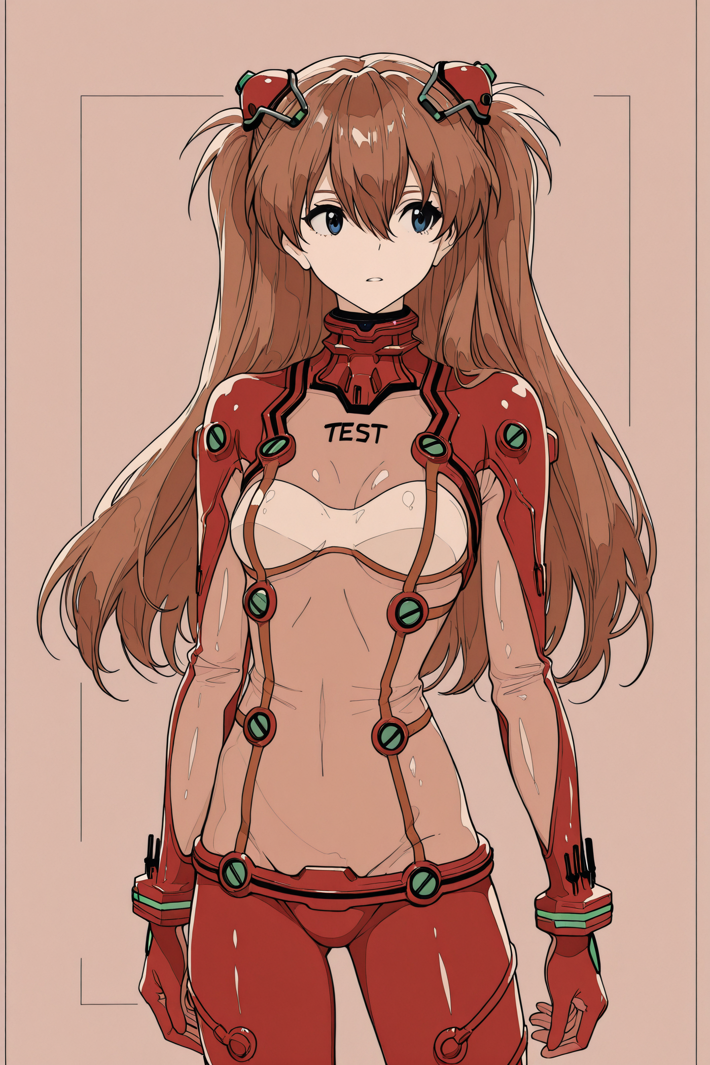 1girl,solo,long hair,souryuu asuka langley,plugsuit,bodysuit,hair between eyes,sepia,cowboy shot,bangs,test plugsuit,turtleneck,gloves,pilot suit,arm at side,two side up,standing,monochrome,looking to the side,small breasts,parted lips,bracer,belt,headgear,breasts,
<lora:jiaocha_illustriousXL:1.5>,