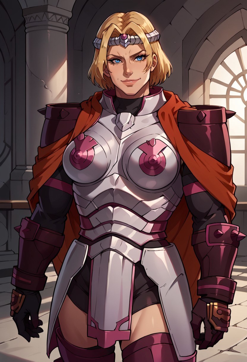 GagaranOV, 1girl, solo, large woman, muscular woman, big woman, blonde hair, tiara, blue eyes, lips, large breast, armor, full armor,  heavy crimson plate armor, silver tiara, cape, circlet, shoulder armor, breastplate, pauldrons, gloves, vambraces, greaves, boots, armor ornament, pelvic curtain, leg armor, ,
seductive pose, sexy pose, tease,  in the spotlight,smile, ruins, 
score_9, score_8_up, score_7_up, beautiful aesthetic, very intricate, high quality details,vibrant, highly detailed, award-winning, professional,anime artwork, anime style, studio anime, athletic, curvy body, athletic girl, perky tits,large breast,perfect tits, round breasts, nipple outline,looking at viewer, pinup pose,teasing, dynamic lighting, cinematic, smug, better than you, aura of temptation, highly detailed, high resolution, masterpiece, detailed clother, detailed background, highly detailed, ((sound effects)) comic layout,
