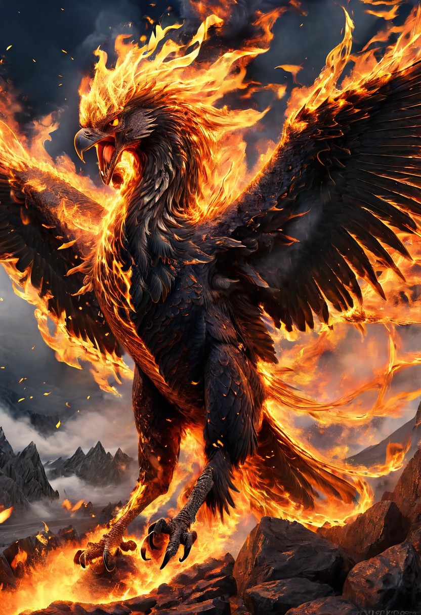 upscale, a black fire phoenix, body made of fire, massive gigantic fire phoenix, fierce, roaring, looking at the viewer,  hyperrealistic, fantasy, flying around, angry, highly detailed body, super realistic, hi_res, absurd detailed, very detailed face, in a volcanic environment, volcanic eruption on the background,
