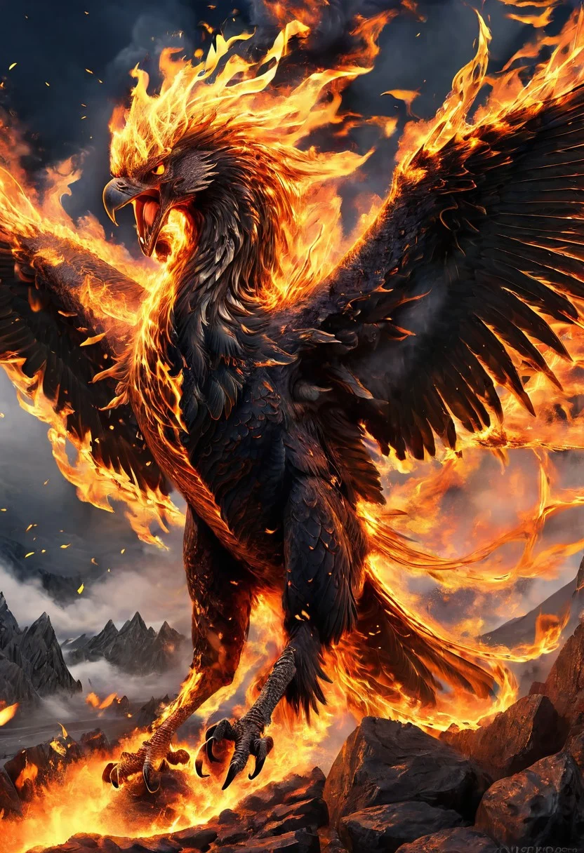 upscale, a black fire phoenix, body made of fire, massive gigantic fire phoenix, fierce, roaring, looking at the viewer,  hyperrealistic, fantasy, flying around, angry, highly detailed body, super realistic, hi_res, absurd detailed, very detailed face, in a volcanic environment, volcanic eruption on the background,