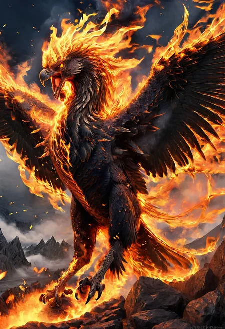 upscale, a black fire phoenix, body made of fire, massive gigantic fire phoenix, fierce, roaring, looking at the viewer, hyperrealistic, fantasy, flying around, angry, highly detailed body, super realistic, hi_res, absurd detailed, very detailed face, in a volcanic environment, volcanic eruption on the background,