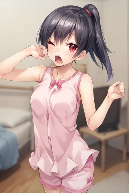 score_9, score_8_up, score_7_up, score_6_up, score_5_up, score_4_up, BREAK source_anime, 1girl, solo,
<lora:1roomXL-v1-06:0.65>, Chopio1room, black hair, shiny hair, hair between eyes, red eyes, looking at viewer,
medium breasts, long hair, ponytail,
bedroom, bed, standing, yawning, one eye closed, arm up, 
outfit_4, bare shoulders, sleeveless shirt, pink pajamas, pink shorts, pink bow, ruffles,