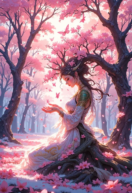 3pic_vist4,
animeniji,
VibrantlySharp style, in a romantic painterly cel-shaded style, humanoid tree spirit with cherry blossom antlers, delicate limbs entwined with petals and bark, graceful sideways pose with hands releasing glowing butterflies â background: dreamy pink and peach forest clearing with swirling petals, soft pastel gradients, ambient godrays and a serene springtime glow