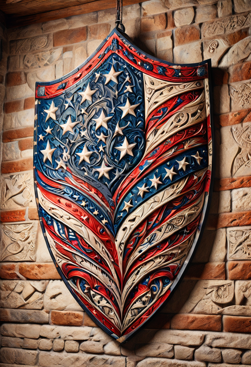 PG-USA,Decorative shield with vibrant, historical-themed patterns, hanging prominently on a rustic stone wall in a medieval-inspired hall 