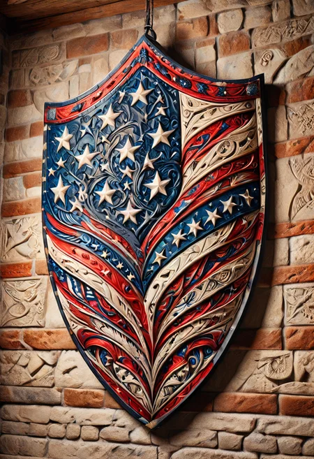 PG-USA,Decorative shield with vibrant, historical-themed patterns, hanging prominently on a rustic stone wall in a medieval-inspired hall