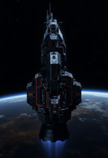 the spacecraft rocinanate from the show the expanse orbiting earth at night, its gun turrets firing at an unseen ship,<lora:rocinante:1>,