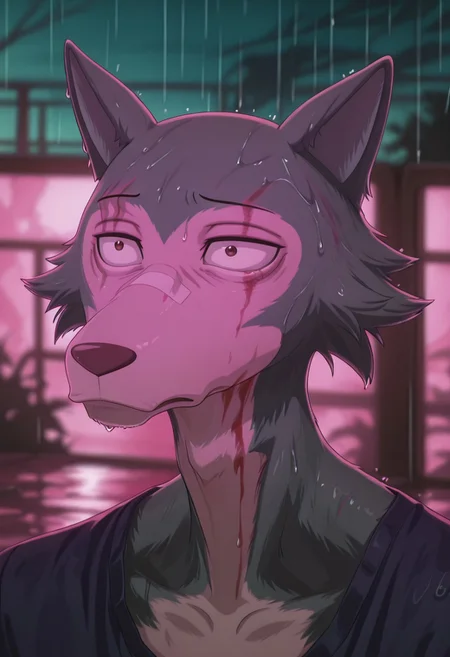 masterpiece, best quality, amazing quality,
Legoshi, anthro, wolf, beastars, scar on right brow, mature male, animal ears, grayish blue fur, brown eyes, skinny build,
(messy fur:0.8), wet, bruise, scratches, injury, portrait, bandaid on nose, upper eyelid half closed, sad,
blurry background, pink lighting, night, dark, pink theme, blood on face, rain,