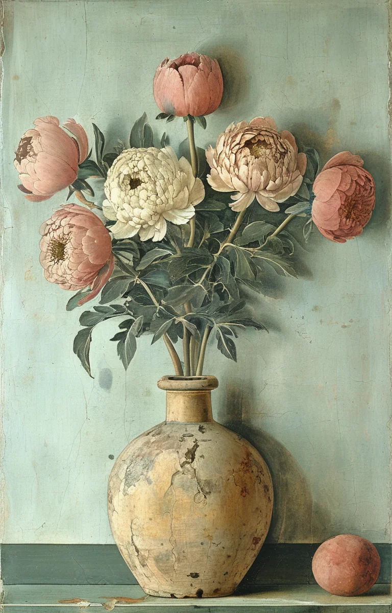 masterpiece,best quality,<lora:tbh194-sdxl:0.9>,illustration,style of Piero della Francesca decaying peonies