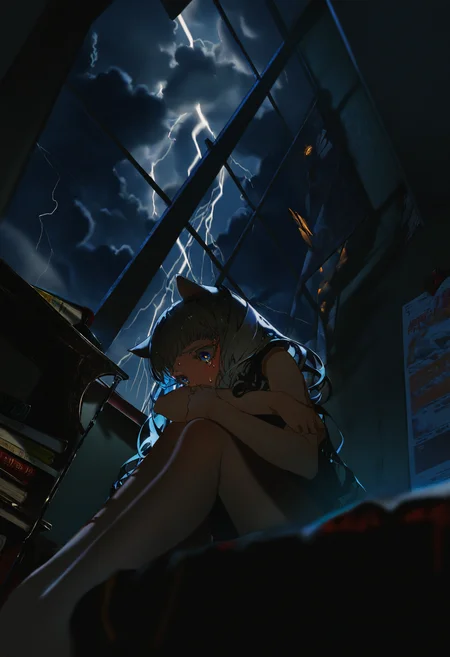 artist:[diyokama|say hana|yoneyama mai|lam \(ramdayo\)],
1girl, cat girl, cat ears, scared, sweatdrop, hugging own legs, sitting in the corner, from below, close-up, tears, long eyelashes, colored eyelashes,
[|window, storm clouds, a flash of lightning brightly illuminates the dark room, books strewn about, messy, bookcase, posters, bed, discarded clothing:10],
masterpiece, best quality, very awa, absurdres
<lora:noobai_vpred_1_aesthetic_quality_modifiers_complete_v2:1>