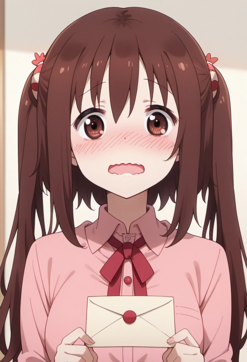 score_9, score_8_up, score_7_up, source_anime, nana ebina, cherry-brown hair, twintails, long hair, cherry-brown eyes, long hair, 1girl, solo, blush, wavy mouth, open mouth, letter, looking at viewer, love letter, envelope, hair ornament