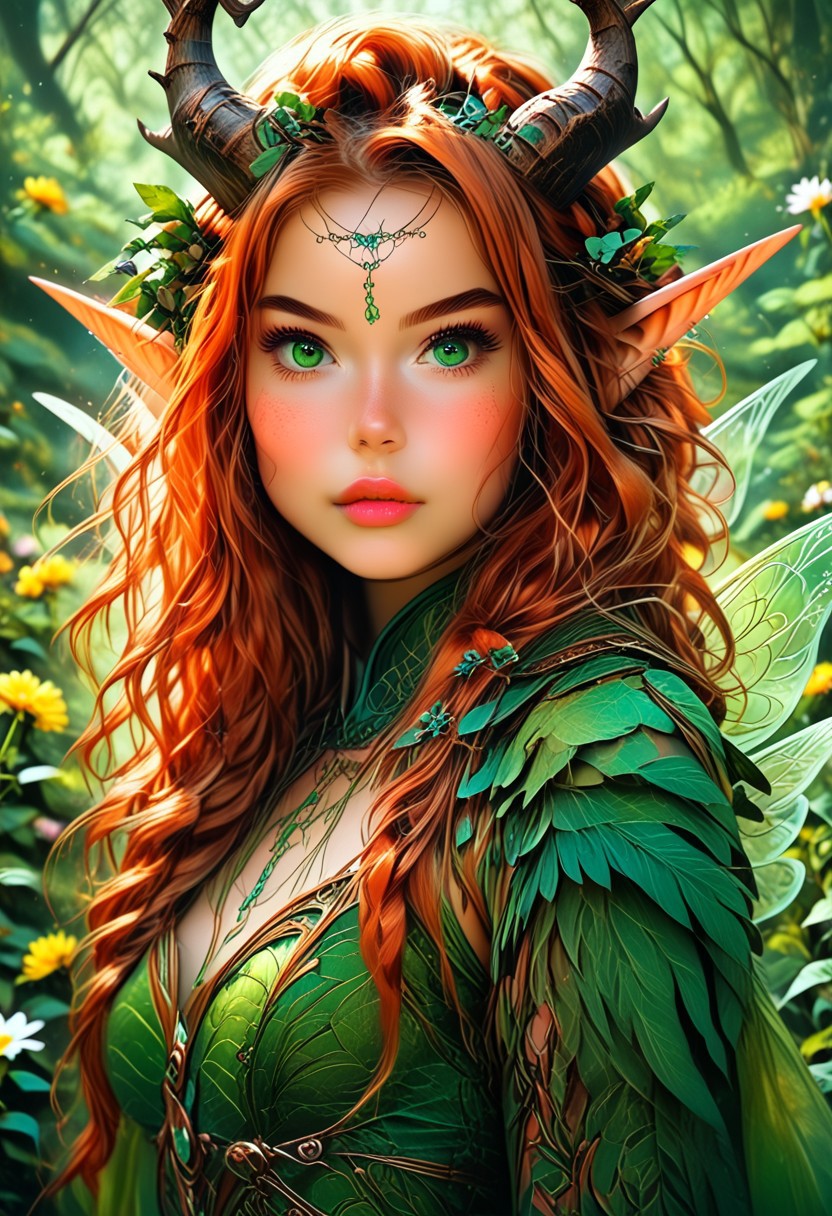 A detailed prompt for this image of a humanoid feminine fairy with a pale mauve skin, intricate pearlescent horns, and multiple eyes, set against a vibrant green background. The fairie face is expressive, with a hint of curiosity and intelligence in its gaze. Its body is covered in intricate patterns and markings, suggesting a complex and ancient culture. The background is filled with flowers andushrooms, creating a sense of mystery and wonder.
The flowers in her hair are a perfect, and they add a touch of femininity to her otherwise magical appearance. The forest is a perfect setting for this image, and it adds to the overall sense of mystery and intrigue.
The fairies wings are sleek and shiny. Full body image, depth of field, pureerosface_v1, hourglass body shape, realistic, redhead, ginger hair, freckles, green eyes, full lips, long hair,, NightElf, in armor, diadem, horns