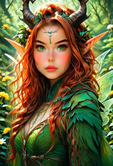 A detailed prompt for this image of a humanoid feminine fairy with a pale mauve skin, intricate pearlescent horns, and multiple eyes, set against a vibrant green background. The fairie face is expressive, with a hint of curiosity and intelligence in its gaze. Its body is covered in intricate patterns and markings, suggesting a complex and ancient culture. The background is filled with flowers andushrooms, creating a sense of mystery and wonder.
The flowers in her hair are a perfect, and they add a touch of femininity to her otherwise magical appearance. The forest is a perfect setting for this image, and it adds to the overall sense of mystery and intrigue.
The fairies wings are sleek and shiny. Full body image, depth of field, pureerosface_v1, hourglass body shape, realistic, redhead, ginger hair, freckles, green eyes, full lips, long hair,, NightElf, in armor, diadem, horns