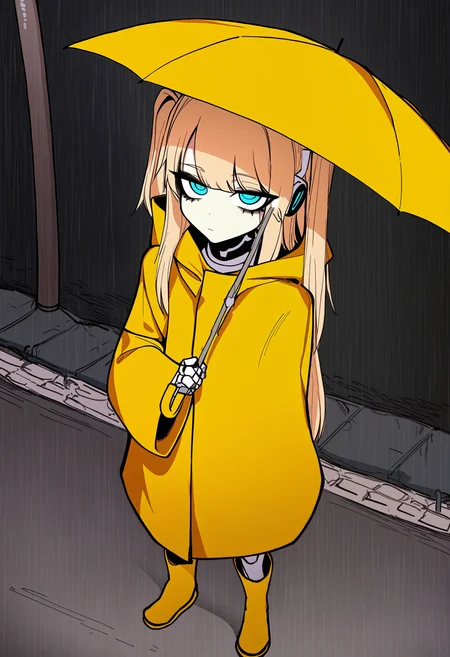 1girl, solo, jdotkdot5, expressionless, jitome, blue eyes, blonde hair, two side up, long hair, child, female child, seams, joints, (android:1.1), robot ears, humanoid robot, raincoat, yellow raincoat, rubber_boots, holding_umbrella, umbrella, outdoors, rain, streets, standing, masterpiece, best quality, newest, absurdres, highres