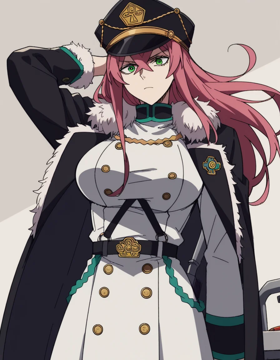 score_9, score_8_up, score_7_up, source_anime, <lora:princia-funnybunny-movie-ponyxl-lora-nochekaiser_r1:1>, princia funnybunny, long hair, green eyes, pink hair, red hair, crossed bangs, sidelocks, hat, jacket, belt, uniform, fur trim, military, military uniform, peaked cap, large breasts,, workshop, tools, workbench, projects, machinery, , hand behind head, , looking at viewer, solo,, dutch angle, cowboy shot