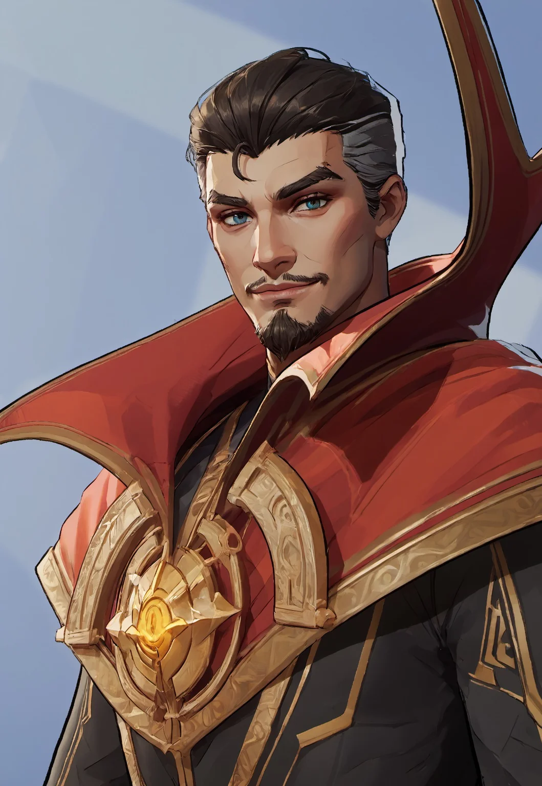 safe_pos, score_9, score_8_up, score_7_up, source_anime, rating_nsfw, ultra hd, absurdres, solo, masterpiece, best quality, best aesthetic, Expressiveh, wolfconf, burankoprn!, 1boy
MRivalsDoctorStrange, short hair, facial hair, black outfit with gold accents, red cape, temple background, (((portrait, headshot))), looking at viewer, smiling, (zoomed in)