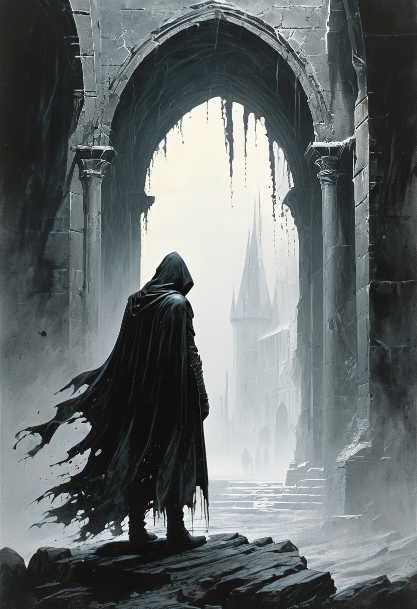 hidden face, mysterious, hooded, full body, dark enigmatic figure, 
tattered cloak that billows in the wind, castle,
white background, 
art by Wayne Barlowe, horror, shadow, faceless, boots. eyeless