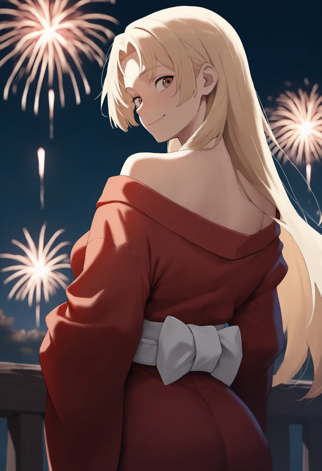 anime, masterpiece, best quality, newest, from behind, solo, 1girl, tskm, smile, looking back, long hair, blonde hair, parted bangs, brown eyes, japanese clothes, red kimono, off shoulder, white sash, obi, bare shoulders, outdoors, night, fireworks
<segment:yolo-face_yolov8m.pt,0.4,0.5//cid=1>