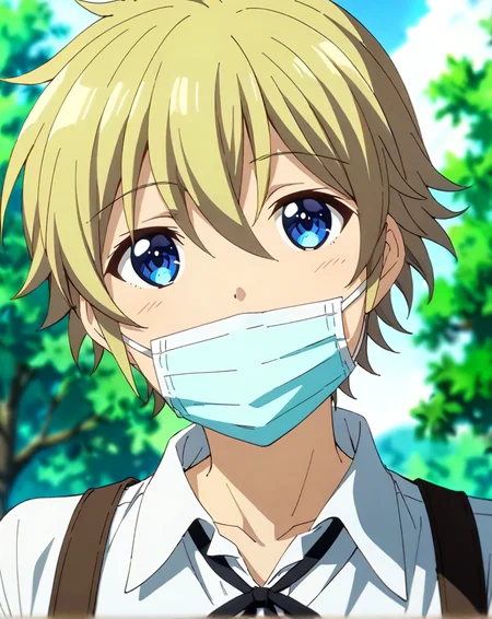 masterpiece, best quality, very aesthetic, absurdres, very detailed, depth of field, ((1boy, solo, male only, male focus, upper body)), (falma_de_medicis, blonde hair, blue eyes, short hair, hair between eyes, bangs), happy, looking at viewer, facing viewer, black suspenders, shirt, white shirt, collared shirt, buttoned shirt, black neckwear, neck ribbon, surgical mask, collarbone, outdoors, <lora:Lightning-8:1> <lora:falma_sdxl_lora:0.74>
