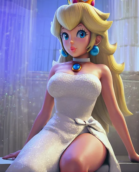 score_9, score_8_up, score_7_up,score_5_up, score_4_up (Source super mario bros), (rating questionable), <lora:PrincessPeachXL:1>, princess peach, blonde hair, earrings, 1girl, blonde hair, blurry, breasts, curvy, dress, lips, long hair, looking at viewer, sitting, sleeveless dress, solo, thick thighs, white dress