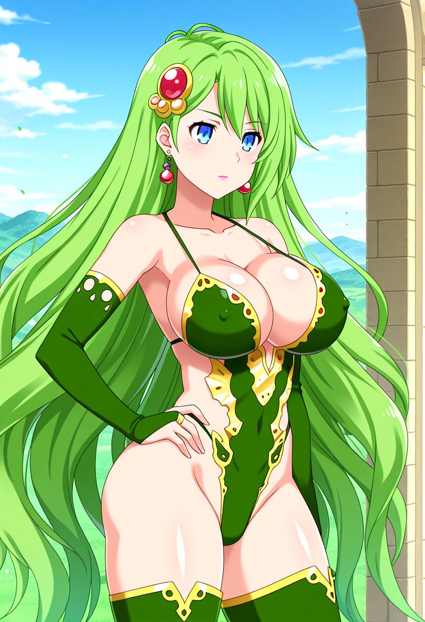 official art, detailed anime, ultra detailed anime art, anime screencap, screencap, score 9, score 8 up, score 7 up, masterpiece, anime coloring, source anime,
BREAK
RydiaMageTAY, 1girl, solo, long hair, green hair, blue eyes, very long hair, pink lips, large breasts, aged up,  shiny skin, smoothy skin, earrings, hair ornament, green leotard, skintight, detached sleeves, highleg leotard, collarbone, covered nipples, navel, revealing clothes, bare shoulders, bridal gauntlets, jewelry, makeup, cleavage, thighs, green thighhighs, thick thighs, wide hips, thigh boots, green footwear, high heel boots,
BREAK
cowboy shot, standing, 1hand on hip, day, generic fantasy town, detailed background,