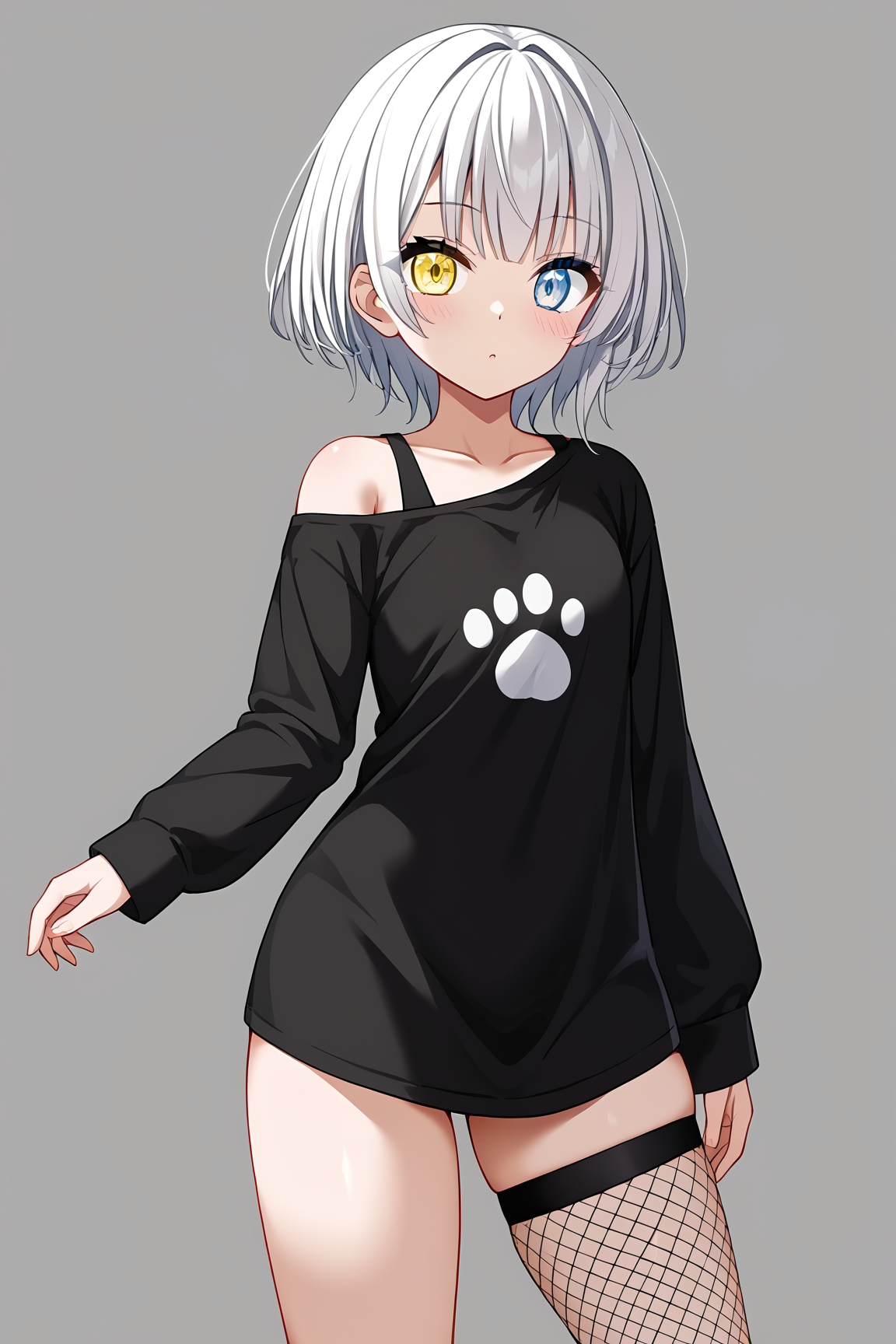 1girl, solo, kaname rana, white hair, short hair, heterochromia, yellow eyes, blue eyes, <lora:kaname_rana_PonyXL:1>, grey background, standing, black shirt, fishnets_thighhigh, single thighhigh, cowboy shot, off shoulder, simple background, aged up, thighs,, best quality, masterpiece,