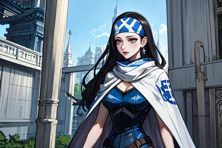 highly insanely detailed, masterpiece, top quality, best quality, highres, 4k, 8k, RAW photo, (very aesthetic, beautiful and aesthetic),
beth_\(megami_tensei\),bethsmtii,shin megami tensei ii,long hair,black hair,straight hair,sleek black,jewelry,cross,headband,red_lipstick,messian_cross_earrings,cross_earrings,religious_earrings,messian_symbol_jewelry,bandana_with_messian_symbol,Religious_bandana,symbol_headband,messian_church_bandana,white cape,cape_with_messian_symbol,Religious_cape,messian_symbol_cape,holy_knight_cape,Blue_dress,armored_corset,blue shirt,katana,sword,
<lora:zs_Beth:0.5>,
(1girl:1.3), 1other,
architecture,bridge,east asian architecture,lantern,letterboxed,pagoda,tower,torii,tower,watercraft,ivory white background,âââ