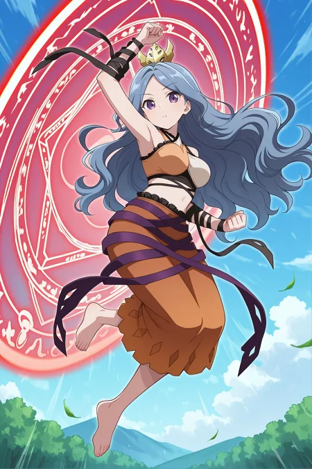 absurdres, highres, masterpiece, best quality, amazing quality, official anime artwork, screencap, anime screencap, outdoors, looking at viewer, dynamic pose,
<lora:Ubame-Chirizuka_Illustrious:1> chirizuka ubame, 1girl, solo, purple eyes, blue hair, long hair, wavy hair,, gold crown, bare shoulders, multicolored crop top, sleeveless shirt, black arm wrap, black ribbon, midriff, orange skirt, purple ribbon, bare foot,
day, (danmaku:1.3), floating hair, clenched arm, leaf, sky, midair, red magic circle, flying,
