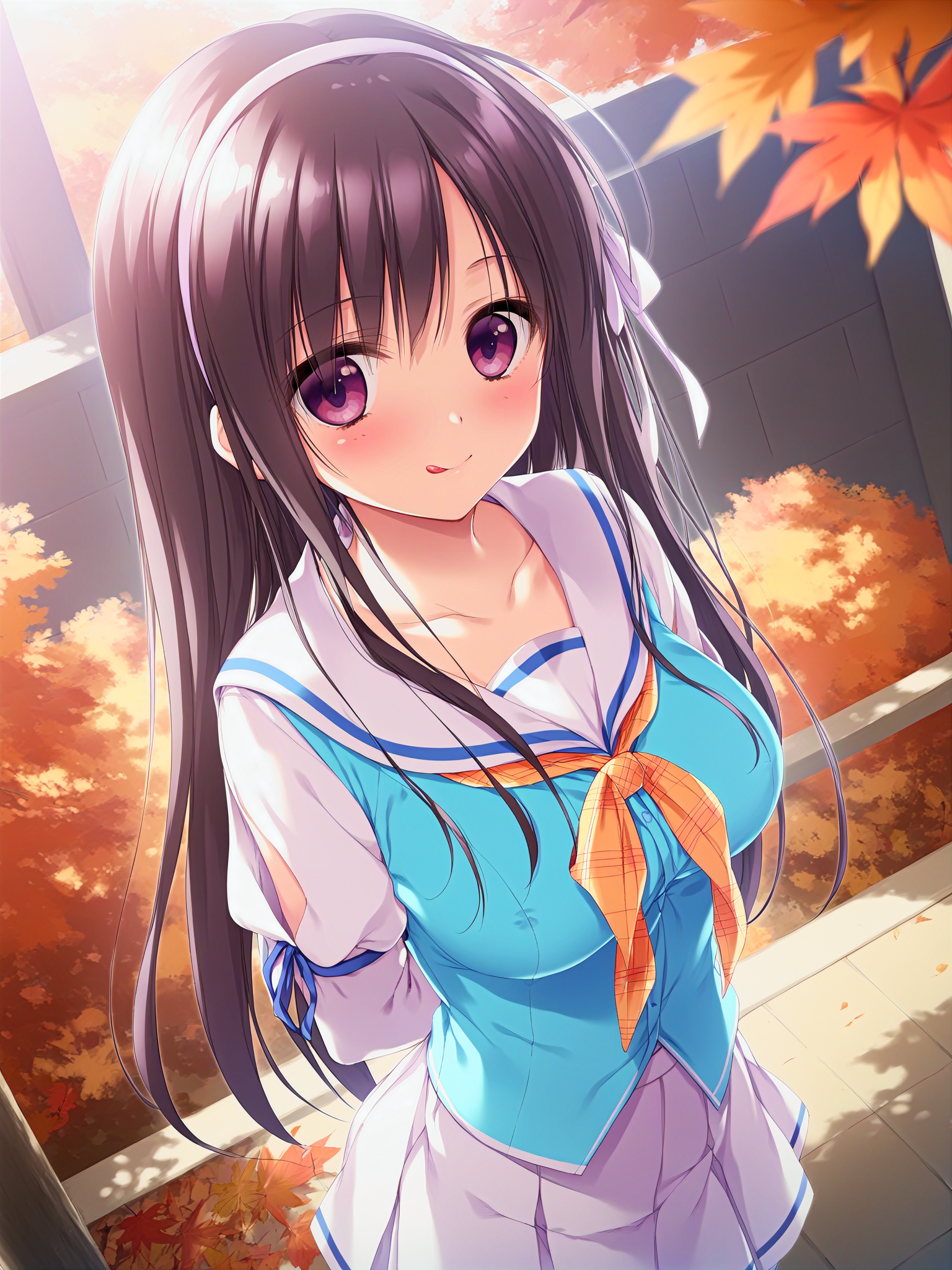 1girl, 
score_9, score_8_up, score_7_up, rating_explicit, (BREAK:-1), source_anime, Himeno_Towa, solo, solo focus, purple eyes, long hair, black hair, ahoge, hair ribbon, white ribbon, hairband, white hairband, large breasts, school uniform, serafuku, blue serafuku, ribbon, orange ribbon, skirt, white skirt, thigh, thighhighs, white thighhighs portrait, looking at another, from behind, dutch angle, (autumn:1.1), (afternoon:1.1), dim lighting, natural lighting, from above surprised, (tongue out:0.7), (smile:0.7), closed mouth, blush, looking at viewer, outdoors, autumn leaves, standing, long sleeves, zettai ryouiki, collarbone, tongue, pleated skirt, arms behind back, :p, breasts, 
masterpiece, best quality
 <lora:Himeno_Towa_Pony_v1:0.7>