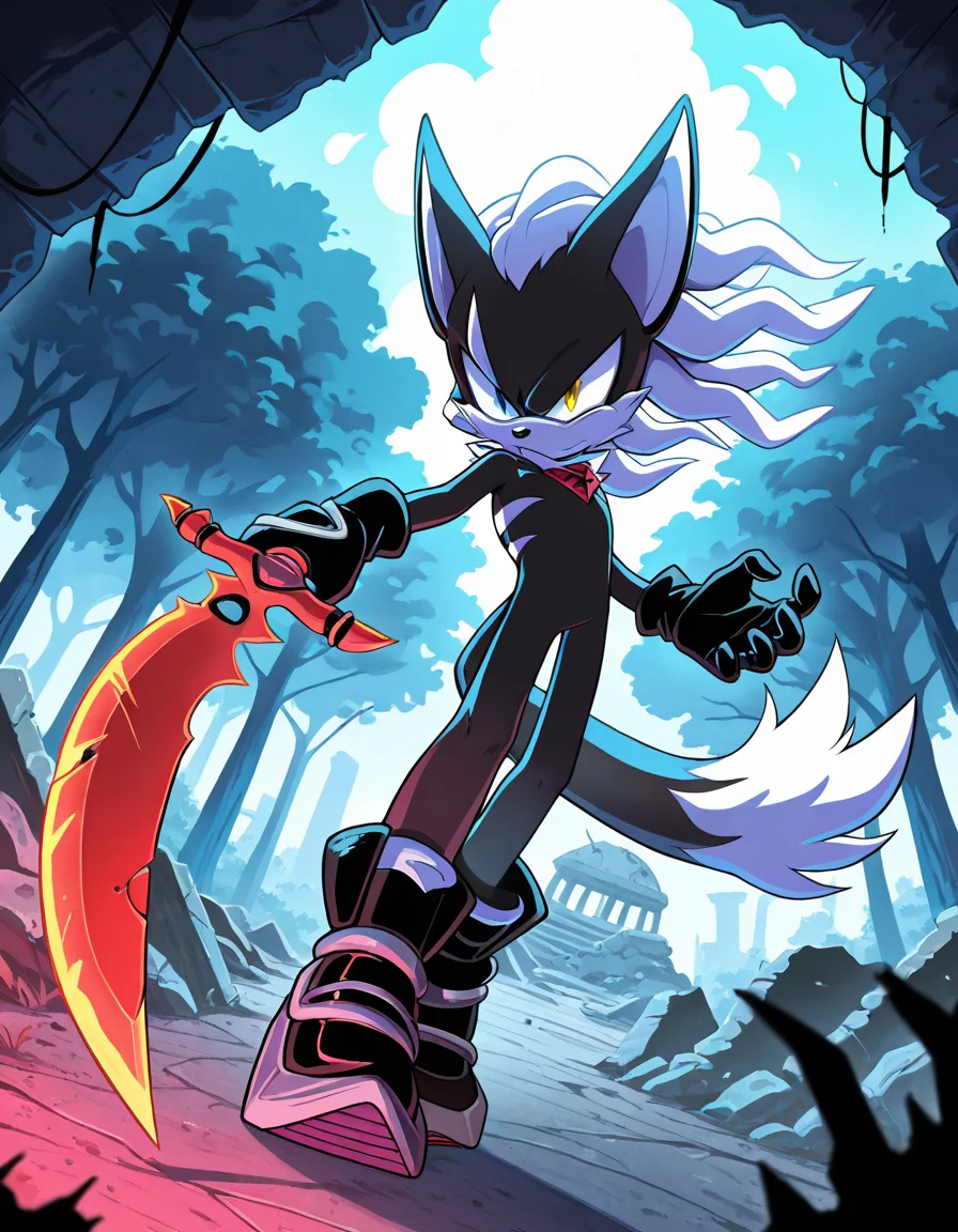 masterpiece, best quality, amazing quality, newest, absurdres, highres, sonic \(series\), 1boy, solo, infinite the jackal, heterochromia, scarf, gloves, shoes, holding weapon, scimitar, full body, dynamic pose, dutch angle, from below, park, ruins