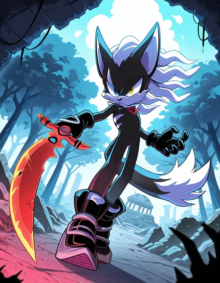 masterpiece, best quality, amazing quality, newest, absurdres, highres, sonic \(series\), 1boy, solo, infinite the jackal, heterochromia, scarf, gloves, shoes, holding weapon, scimitar, full body, dynamic pose, dutch angle, from below, park, ruins