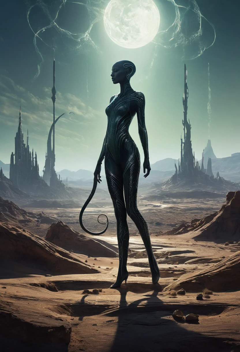 professional, (4k photo:1.1) , (Sharp focus:1.3), high detail, (extremely thin, slender, slim, long legs),
 <lora:spotlight:1> dark theme, silhouette, magical lighting, fantasy,
(Beneath a cracked desert where the ground pulses with the heartbeat of an ancient giant buried below, a woman with hair made of live serpents digs for artifacts, using the snakesâ hisses as a bizarre form of sonar to locate relics that thrum with the giant's dreams and memories.,Alien market on a floating city, a bustling bazaar filled with vendors from different galaxies, exotic goods hover in anti-gravity fields, alien musicians play bizarre instruments, diverse creatures barter in a myriad of languages, camera angle panoramic to showcase the floating platforms and vast alien skyline, vibrant and otherworldly atmosphere.:1.2)
<lora:greg_rutkowski_xl_2:0.8> greg rutkowski, , (expressionism, impressionism, broad brush strokes:1.4)