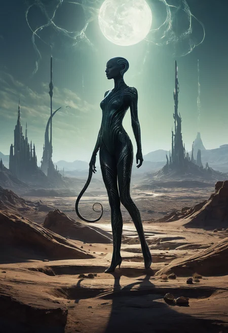 professional, (4k photo:1.1) , (Sharp focus:1.3), high detail, (extremely thin, slender, slim, long legs),
 <lora:spotlight:1> dark theme, silhouette, magical lighting, fantasy,
(Beneath a cracked desert where the ground pulses with the heartbeat of an ancient giant buried below, a woman with hair made of live serpents digs for artifacts, using the snakesâ hisses as a bizarre form of sonar to locate relics that thrum with the giant's dreams and memories.,Alien market on a floating city, a bustling bazaar filled with vendors from different galaxies, exotic goods hover in anti-gravity fields, alien musicians play bizarre instruments, diverse creatures barter in a myriad of languages, camera angle panoramic to showcase the floating platforms and vast alien skyline, vibrant and otherworldly atmosphere.:1.2)
<lora:greg_rutkowski_xl_2:0.8> greg rutkowski, , (expressionism, impressionism, broad brush strokes:1.4)