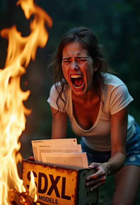 A dramatic photograph captures the intense emotion of a woman in the midst of an explosive moment. She stands at the edge of a roaring campfire, her body tense and leaning forward as she angrily dumps out documents from a worn, battered box into the flames. The old box she is dumping out is labeled 'SDXL Models' in large, fading letters. The woman’s posture is aggressive and dynamic. Her face, contorted in a fierce, open-mouthed sob, is the focal point of the image. Her brow is furrowed deeply, eyes wide with a mixture of fury and sadness, the intensity of her emotions palpable. Her mouth is wide open, lips curled back as she sobs. Her hair, slightly disheveled, catches the firelight, adding to the wildness of the scene. The flames of the campfire leap upwards, illuminating her face and the box with a flickering, fiery glow. The background fades into darkness, leaving the focus entirely on the woman and the destructive, cathartic act. The composition powerfully conveys her rage and despair as she discards the obsolete documents, with the fire symbolizing both destruction and a fiery rebirth.