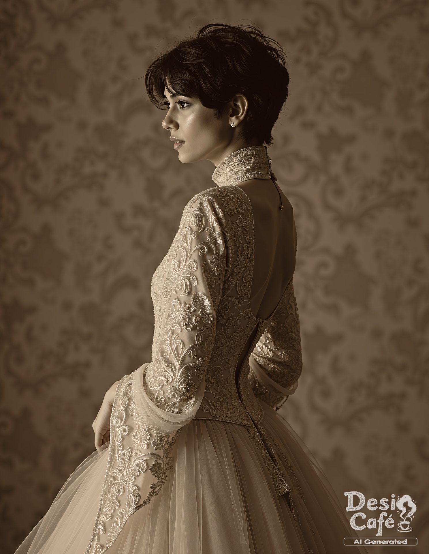 vintage sepia photo of sum1t s1ngh woman, hyper realistic photo that is safe for work, shouting, studio quality image, well dressed wearing intricate long sleevedhigh necked evening gown, hair styled as messy pixie,muted shaded background that contrasts with the person, cinematic lighting,âââââ <lora:Sum1t_S1ngh_Flux_Kohya_V1:0.8>âââ