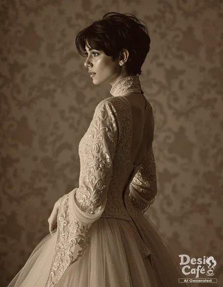 vintage sepia photo of sum1t s1ngh woman, hyper realistic photo that is safe for work, shouting, studio quality image, well dressed wearing intricate long sleevedhigh necked evening gown, hair styled as messy pixie,muted shaded background that contrasts with the person, cinematic lighting,âââââ <lora:Sum1t_S1ngh_Flux_Kohya_V1:0.8>âââ