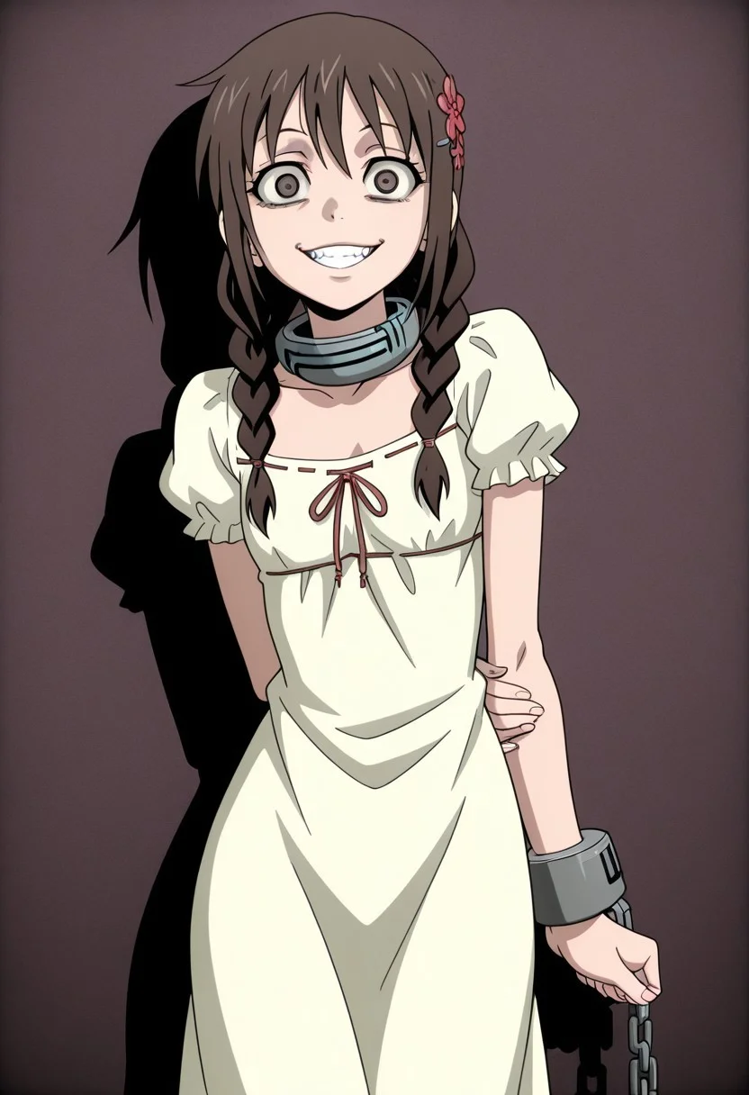 (masterpiece, best quality, ultra-detailed, high quality, highly detailed, highres),
minecraft filter,
1girl, solo, takami minatsuki, twin braids, brown hair, brown eyes, red flower hairpin, beige dress, cuffs, Deadman Wonderland Collar, flat chest, sfw,
standing, looking at viewer, crazy eyes, evil grin, yandere,
simple background,