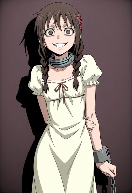 (masterpiece, best quality, ultra-detailed, high quality, highly detailed, highres),
minecraft filter,
1girl, solo, takami minatsuki, twin braids, brown hair, brown eyes, red flower hairpin, beige dress, cuffs, Deadman Wonderland Collar, flat chest, sfw,
standing, looking at viewer, crazy eyes, evil grin, yandere,
simple background,