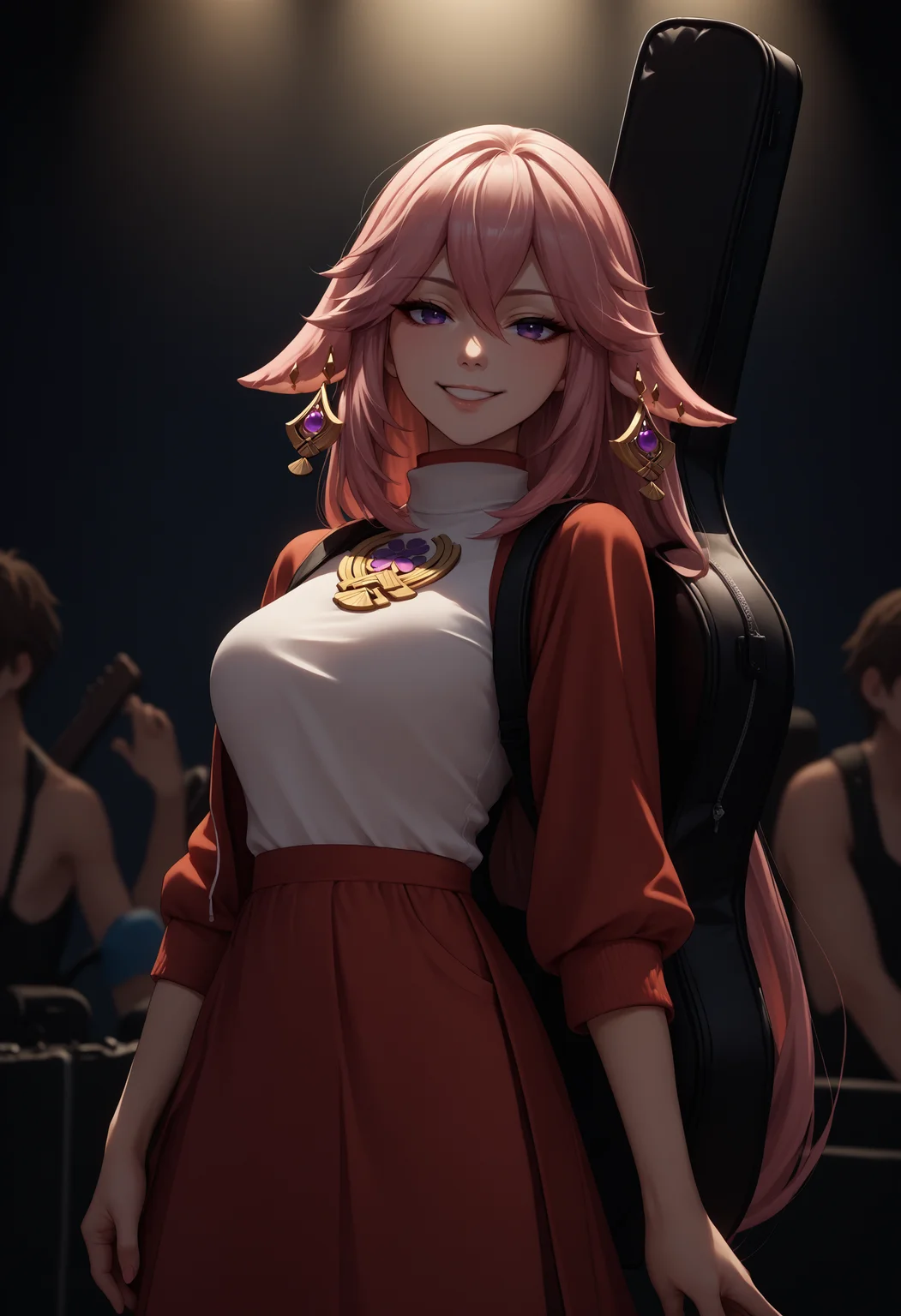 score_9, score_8_up, score_7_up, source_anime, 1girl, cowboy shot, instrument on back, instrument case, guitar case, <lora:InstrumentOnBack_XLPD:1>, yae miko, concert, seductive smile,