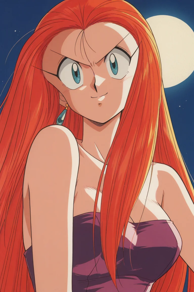 masterpiece, best quality, source_anime,official art,perfect_anatomy,1990s_\(style\),retro_artstyle,1girl,Reiko_Mikami,very_long_hair,red_hair,purple_dress,cleavage,strapless_dress,(detailed face,looking_at_viewer,smile),upper_body,night,moon