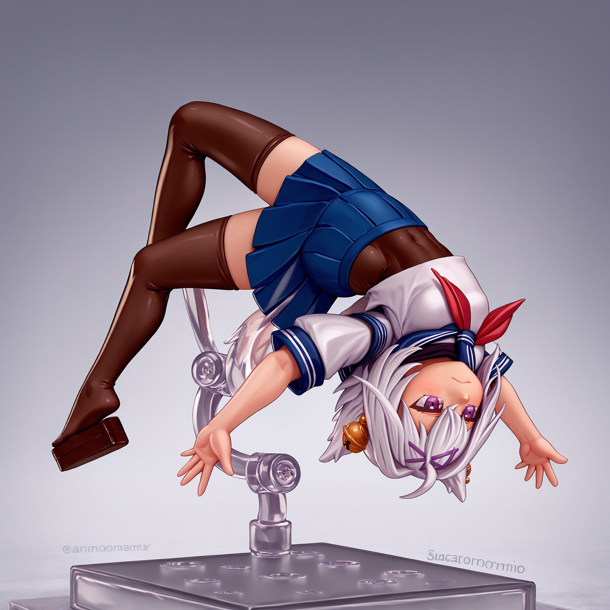 score_9, score_8_up, score_7_up, faux figurine, nendoroid, full body, figure, platform, solo, <lora:Nendoroid_pdxl_Incrs_v1:1>, <lora:ChamFilianPonyXL:1>, FilianSailor, tail, short hair, hairclip, hair bell, serafuku, red neckerchief, swimsuit under clothes, covered navel, blue skirt, black thighhighs, <lora:Backflip_XLPD:1>, upside-down, backflip, mid-air, jumping, parkour, salto-athletic, smirk, handstand,
