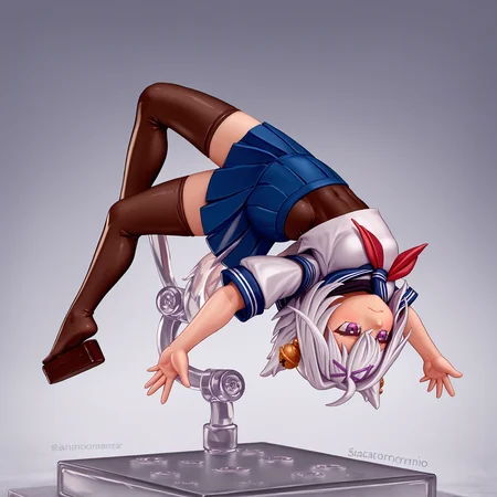 score_9, score_8_up, score_7_up, faux figurine, nendoroid, full body, figure, platform, solo, <lora:Nendoroid_pdxl_Incrs_v1:1>, <lora:ChamFilianPonyXL:1>, FilianSailor, tail, short hair, hairclip, hair bell, serafuku, red neckerchief, swimsuit under clothes, covered navel, blue skirt, black thighhighs, <lora:Backflip_XLPD:1>, upside-down, backflip, mid-air, jumping, parkour, salto-athletic, smirk, handstand,