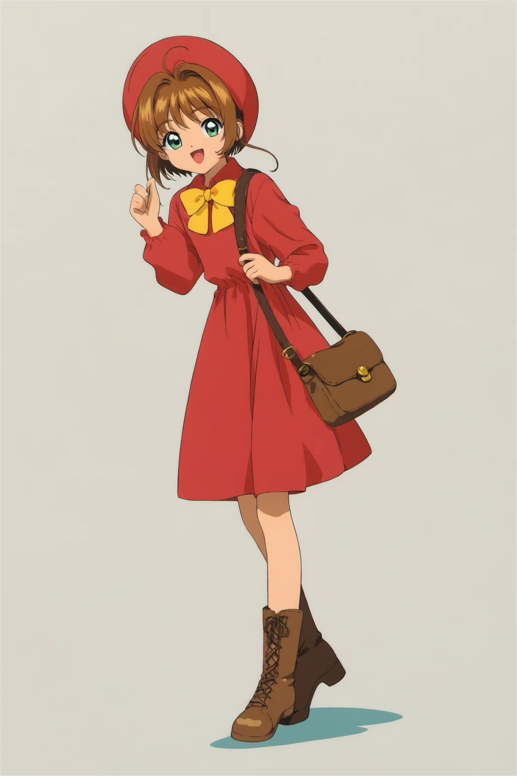 1girl,brown hair,bag,hat,jacket,smile,long sleeves,open mouth,:d,short hair,brown footwear,looking at viewer,white background,bangs,bow,dress,green eyes,shoulder bag,red headwear,simple background,boots,red dress,yellow bow,kinomoto sakura,handbag,hand up,full body,kero,score_9,score_8_up,<lora:Card Captor Sakura Anime_XL_PONY:0.9>,