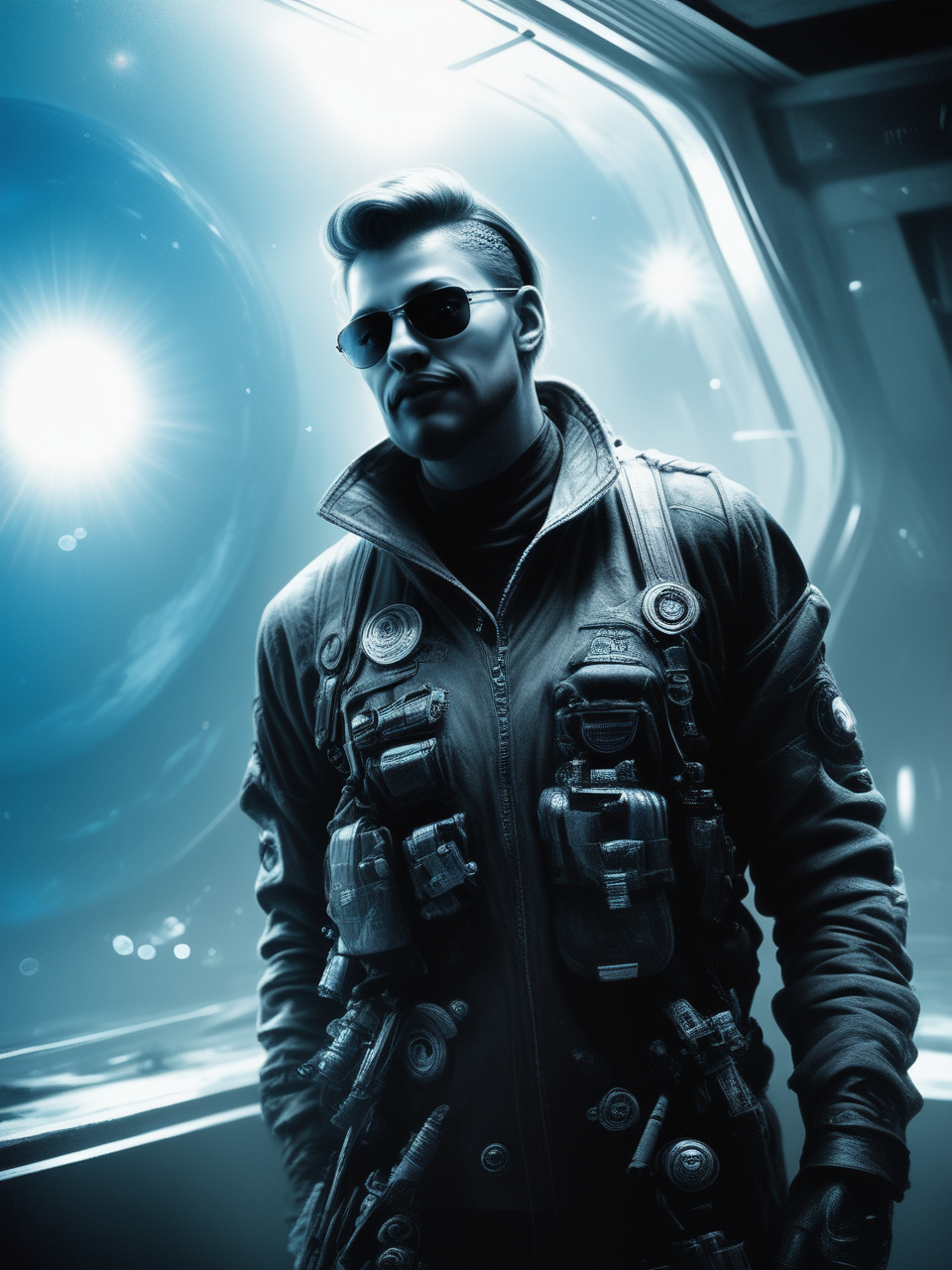 bpe-bluetone
( visiting post station) spacesuit, standing,  indoors, horizon, shades, rugged, looking at viewer,   grit,
bpe-pro bpe-scifi