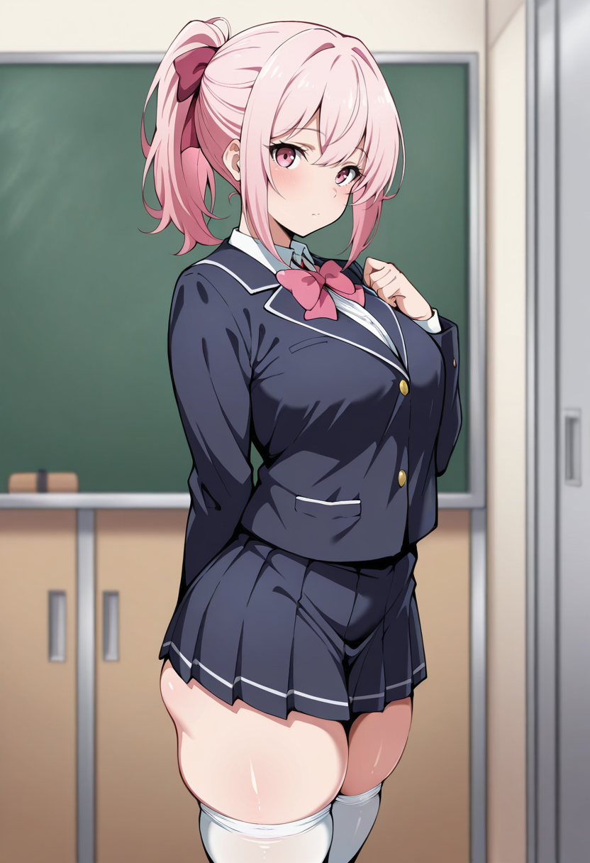 1girl, solo,standing,looking at viewer, happy, closed mouth,pink hair, ponytail, pink eyes,school uniform, bow, long sleeves, skirt, skindentation, thighhighs, masterpiece, best quality, 
 <lora:Berull_Style:1> B3ro11,